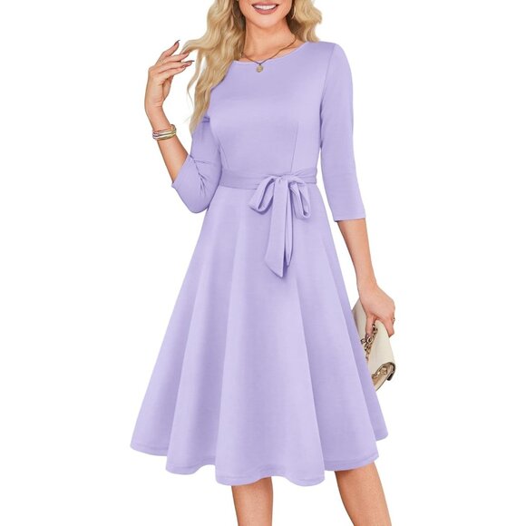 Women's Purple 3/4 Sleeve Vintage Flattering A-line Vintage Cocktail Dresses - Picture 2 of 5